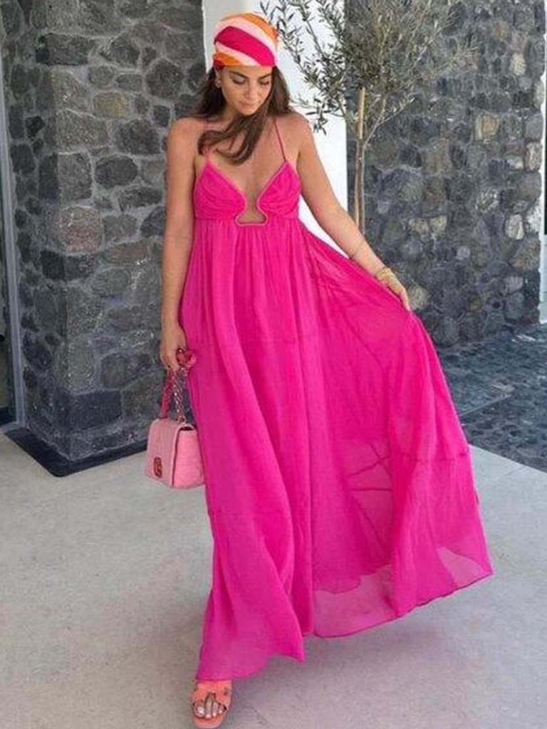 Zara Hot Pink Chiffon Flowy Open-Backmaxi Dress